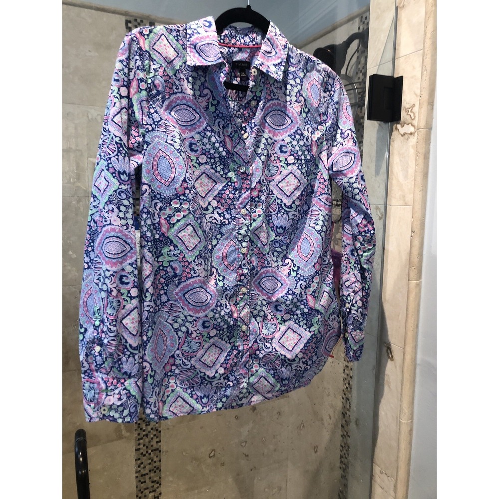Talbots Women Pink Green Pastel Paisley Long Sleeve Blouse XS Cotton